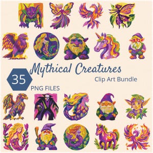 Fantasy Creatures Clip Art Bundle, Clip Art, 300 dpi, Transparent PNG, Digital Download, dragon, unicorn, griffin, phoenix, mermaid, centaur