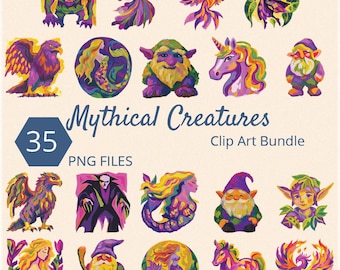 Fantasy Creatures Clip Art Bundle: Dragons, Unicorns, Mermaids (PNG Digital Download)