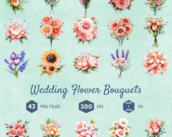 Flower Bouquet Clipart Bundle, Wedding PNG (Digital Download)