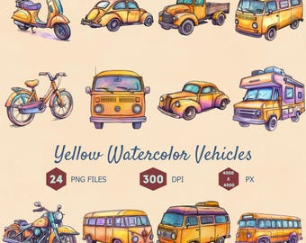 Yellow Watercolor Vehicle Clipart Bundle, PNG Files (Digital Download)