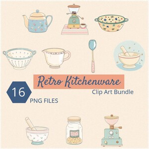 Retro Kitchenware Clip Art Bundle: Teapot, Whisk, Grinder (Digital Download)