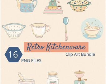Retro Kitchenware Clip Art Bundle: Teapot, Whisk, Grinder (Digital Download)