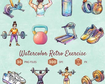 Fitness gym equipment clipart bundle, workout icons, PNG clipart bundle with transparent background 300 dpi, digital download