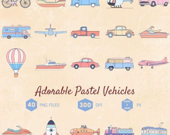 Pastel Vehicle Clipart Bundle, Transparent PNG Files (Digital Download)