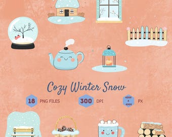 Cozy Winter Clipart Bundle, Snowy House PNG Files (Digital Download)