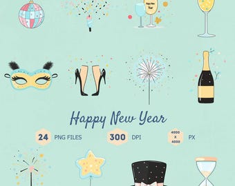 Happy New Year Clipart Bundle, 24 High-Quality Images, 300 DPI, Instant Download, Party Decorations, Celebration Clip Art, Transparent PNG