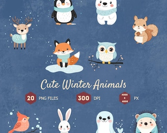 Winter Animals Clipart, Holiday PNG Graphics (Digital Download)