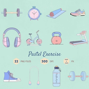 Pastel Exercise Clipart Bundle, Workout Equipment PNG Collection, Fitness Illustrations, Digital Download, Gym Clipcrt Bundle, 300 dpi