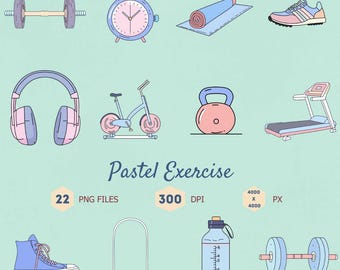 Pastel Exercise Clipart Bundle, Workout Equipment PNG Collection, Fitness Illustrations, Digital Download, Gym Clipcrt Bundle, 300 dpi