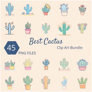Best Cactus Clip Art Bundle, 45 PNG Files, 300 dpi, 4000 x 4000 px, Transparent PNG, Digital Download, Cartoon and Watercolor Cactus