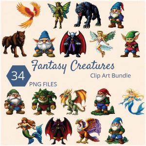 Fantasy Creatures Clip Art Bundle, 300 dpi Digital Download, Transparent PNG, 34 Files, Includes Dragon, Unicorn, Griffin, Phoenix