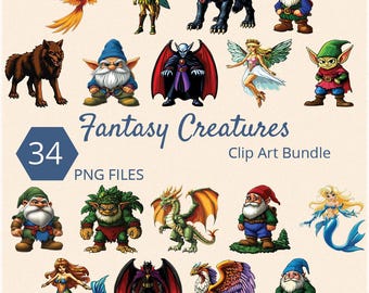 Fantasy Creatures Clip Art: Dragon, Unicorn, Phoenix (34 PNG Files) (Digital Download)