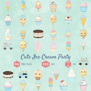 Cute Ice Cream Party Clip Art Bundle, Ice Cream Clip Art, 86 PNG Files, 300 DPI, Transparent PNG, Digital Download