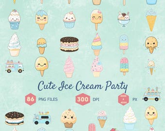 Cute Ice Cream Party Clip Art Bundle, Ice Cream Clip Art, 86 PNG Files, 300 DPI, Transparent PNG, Digital Download