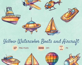 Yellow Watercolor Boat and Aircraft Clipart, 17 PNG Files (Digital Download)