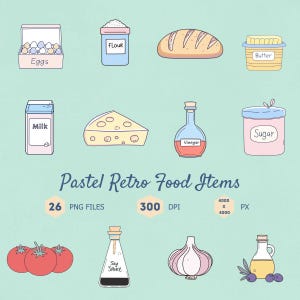Pode incluir: Ilustrações de alimentos em estilo retrô em cores pastel. A imagem inclui ovos, farinha, pão, manteiga, leite, queijo, vinagre, açúcar, tomates, molho de soja, alho e azeite. O texto diz "Pastel Retro Food Items".