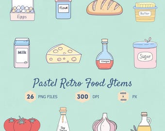 Pastel Retro Food Clipart Bundle (PNG Files)