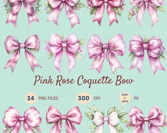 Rose Pink Watercolor Bow Clip Art: Coquette PNG Bundle (Digital Download)
