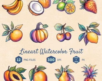 Watercolor Fruit Clipart Bundle, Line Art PNG (Digital Download)