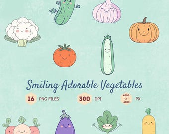 Smiling Vegetable Clipart Bundle, Cartoon Veggies (16 PNG Files)