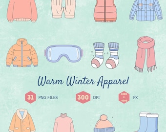 Winter Apparel Clip Art Bundle, 31 PNG Files (Digital Download)