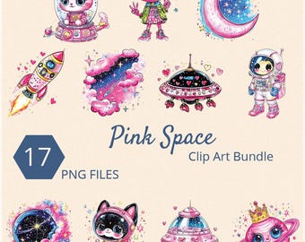 17 Pieces Pink Space Clip Art Bundle, Cute Outer-Space Digital Download, Aliens Moon Rocket Galaxy, Transparent PNG, 300 dpi