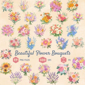 Beautiful Flower Bouquet Clipart Bundle, 59 PNG Files, Roses and Baby's Breath, Sunflowers and Daisies, Tulips and Eucalyptus