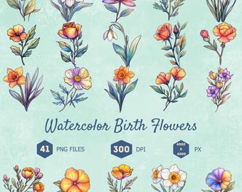 Watercolor Birth Month Flower Clipart Set (Digital Download)