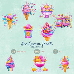 Ice cream treats clip art bundle, ice cream cones, popsicles, ice cream truck, cute illustrations, 300 dpi, transparent PNG, digital