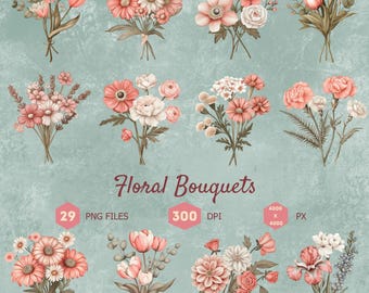 Floral Bouquet Clipart Bundle, Roses, Tulips, PNG (Digital Download)