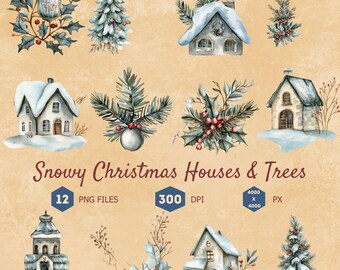 Christmas Clipart Bundle, Snowy Houses and Watercolor Christmas Trees, Holiday Graphics, Winter Clipart Transparent PNG, Digital Download