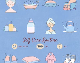 Self Care Routine Clip Art Bundle, Digital Download, 24 PNG Files, 300 DPI, Includes Bath Bombs, Essential Oils, Face Mask, Body Lotion