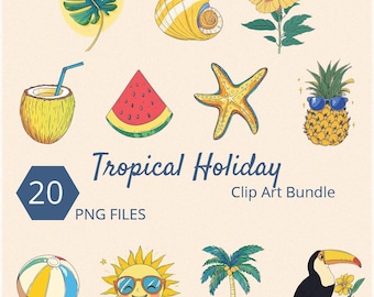 Tropical Vacation Clip Art Bundle: Toucan, Sea Shells, Cocktails (PNG Files)