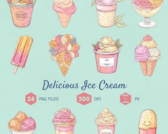 Ice Cream Illustrations Clip Art Bundle, PNG Files (Digital Download)