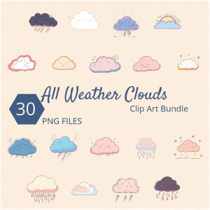 Clouds Clip Art Bundle, Clip Art, 300 dpi, Transparent PNG, Digital Download, Fluffy cartoon cloud, Rainy cloud, Cloud with lightning