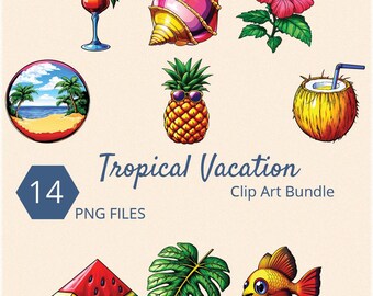 Tropical Vacation Clipart Bundle, Toucan, Cocktails, Flowers (PNG Files)