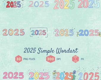 2025 clipart bundle colorful year wordart designs transparent background digital download scrapbook planner stickers