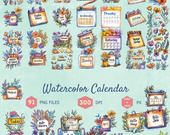 Watercolor Calendar Clipart Bundle, Months & Days (Digital Download)
