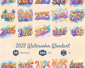 2025 Watercolor Clipart Bundle, New Year Design Elements (Digital Download)