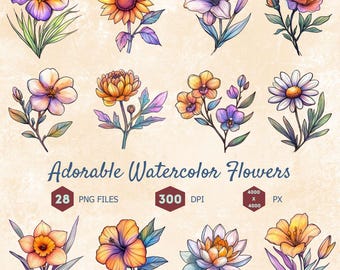 Watercolor Flower Clipart Bundle: 28 PNG Floral Graphics (Digital Download)