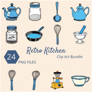 Puede incluir: Un conjunto de 24 ilustraciones de clip art de cocina retro en formato PNG. Las ilustraciones incluyen una tetera azul, un tarro azul y blanco, una cuchara azul, un batidor, una sartén negra, un mortero y una maja blancos, un tarro azul y blanco con una etiqueta, un molinillo de café azul y amarillo, una taza azul y blanca y dos batidores.