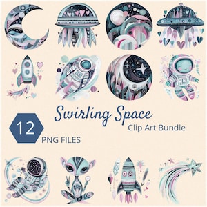 Swirling Space Clip Art Bundle, Outer-Space Clip Art, Digital Download, Alien Clip Art, Moon, Shooting Star, Rocket Ship PNG