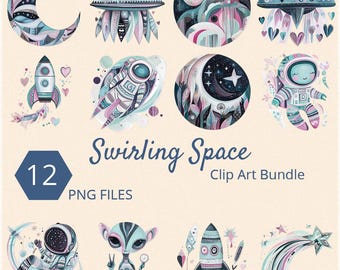 Swirling Space Clip Art Bundle, Alien, Moon, Rocket Ship PNG (Digital Download)