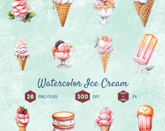 Watercolor Ice Cream Clip Art Bundle: 28 PNG Files (Digital Download)