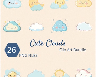 Cloud Clipart Bundle, Whimsical PNG Graphics (Digital Download