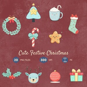 Cute Christmas Clipart Bundle, Holiday Digital Download, Festive PNGs, Xmas Elements Clip Art, 300 dpi, Transparent PNG, Digital Download