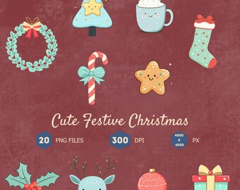 Cute Christmas Clipart Bundle, Holiday Digital Download, Festive PNGs, Xmas Elements Clip Art, 300 dpi, Transparent PNG, Digital Download