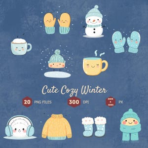 Winter Clipart Bundle Cozy Winter Illustrations, Cute Snowman Mug Mittens Hat Sweater, Digital Download Clip Art, 300 dpi, Transparent PNG