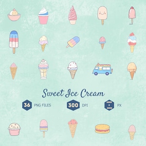 Ice Cream Clip Art Bundle, 36 PNG Files, 300 dpi, Transparent PNG, Digital Download, Cute Ice Cream Illustrations, Ice Cream Truck