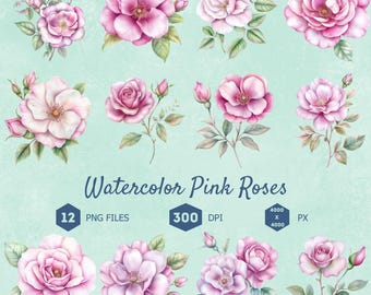 Watercolor Pink Roses Clipart: Floral Illustration Set (Digital Download)